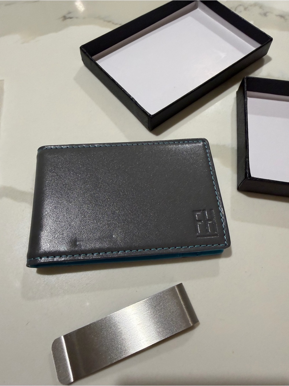 Slim Black Leather Card & Money Holder with Teal Stitching